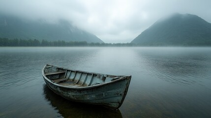 Fototapeta premium Misty Mountain Lake with Solitary Rowboat
