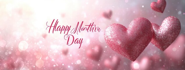 Mother's Day Greeting Card with Pink Hearts and Dreamy Pastel Background