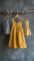 Three Dresses Hanging on a Rope with Wooden Clothespins
