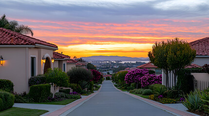 Fototapeta premium Sunset over Residential Neighborhood Hillside with Vibrant Sky