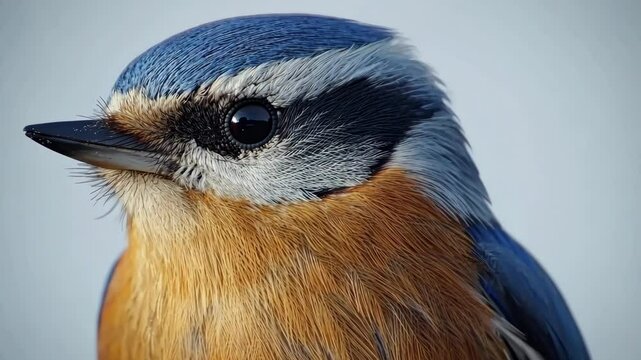 Colorful nuthatch perched against a light background highlights intricate feather details and vibrant colors in nature