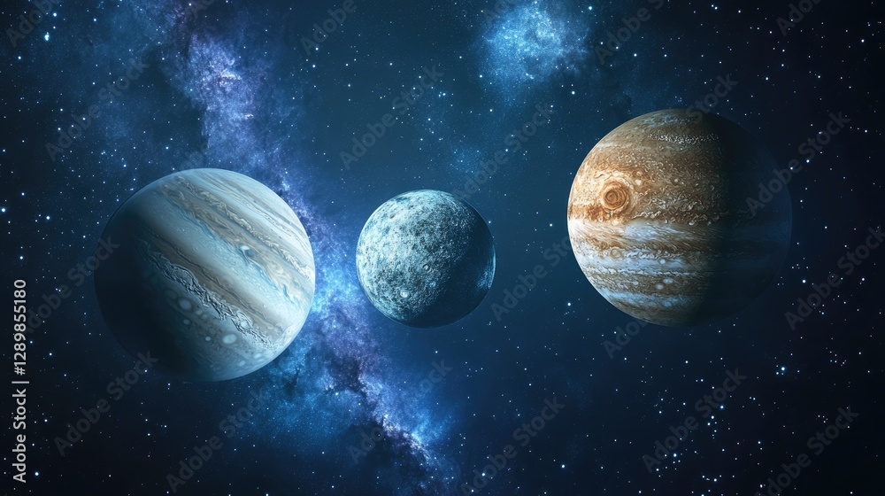 Poster a stunning cosmic scene where planets engage in a celestial ballet, with each planet unique texture 