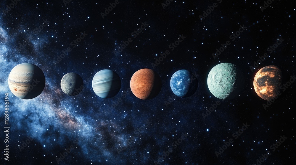 Poster a stunning cosmic scene where planets engage in a celestial ballet, with each planet unique texture 