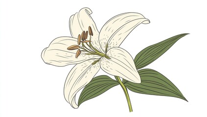 Elegant white lily flower with green leaves isolated on white background.