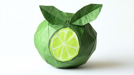 An Origami Lemon with Green Leaves on a White Background