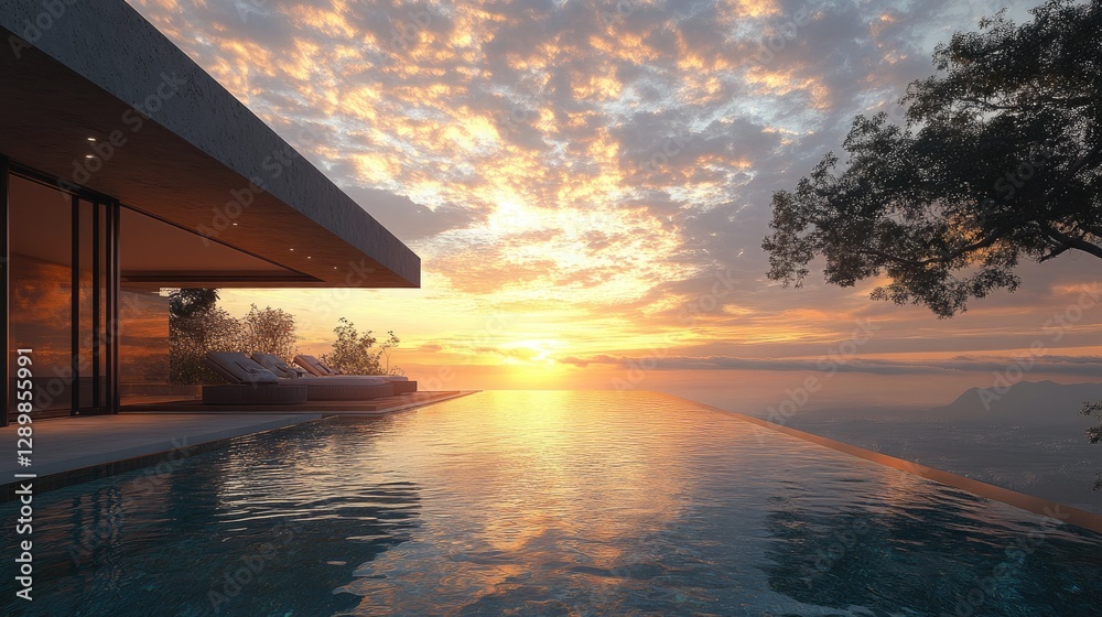 Poster a stunning sunset view from a luxurious modern residence with an infinity pool, capturing the seamle