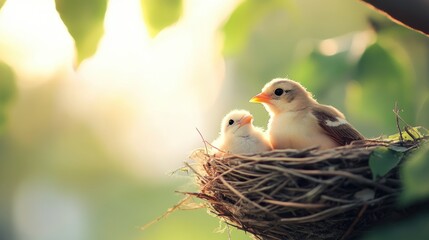 Bird in nest on tree in Spring.