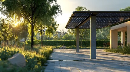 Fototapeta premium Modern Pergola Patio Design with Lush Landscaping at Sunset