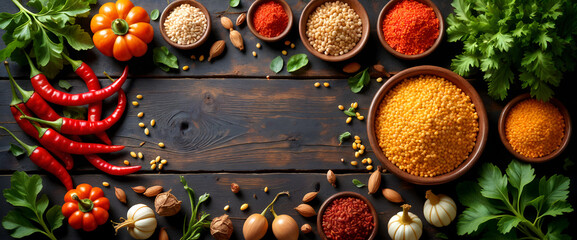 Flatlay of Indian farm produce with red chilies, lentils, and greens, food composition