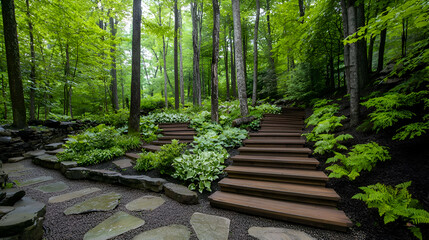 Obraz premium Wooden Steps Winding Through a Lush Green Forest Garden