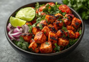 Grilled Spicy Tofu Salad with Fresh Vegetables, Cherry Tomatoes, Lime Wedges, and Herbs in a Black Bowl on Gray Background