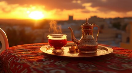 Fototapeta premium Traditional Moroccan Tea Set against a Stunning Sunset View