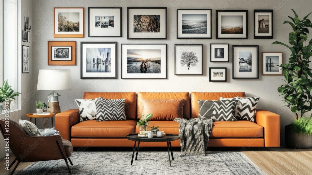 Poster A stylish mockup of a photo frame gallery wall with various frame sizes and orientations in a modern living room, perfect for showcasing artwork.