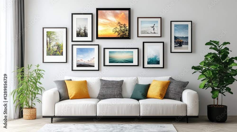 Poster a stylish mockup of a photo frame gallery wall with various frame sizes and orientations in a modern