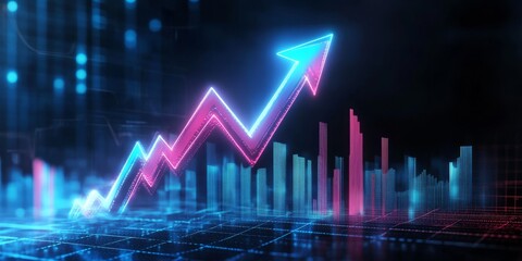 A vivid, glowing graph featuring an upward arrow perfectly symbolizes growth and positive progress, showcasing a striking modern digital aesthetic that captivates the viewers attention effortlessly