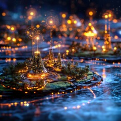 Enchanting Illuminated Fantasy Landscape with Glowing Castles Temples and Reflections in Tranquil River at Night  This captivating surreal and dreamlike scene features a magical