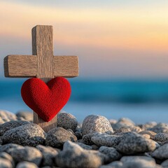 Fototapeta premium A wooden cross stands against a backdrop of a tranquil beach scene with a vibrant red heart resting at the base The pebbled shore calm ocean and glowing sunset create a peaceful spiritual atmosphere