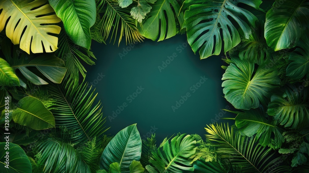 Poster a tropical leaf border surrounds a blank rectangular space, providing the perfect frame for product 