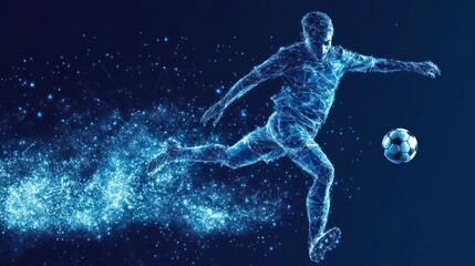 Abstract digital illustration of a soccer player kicking a ball.