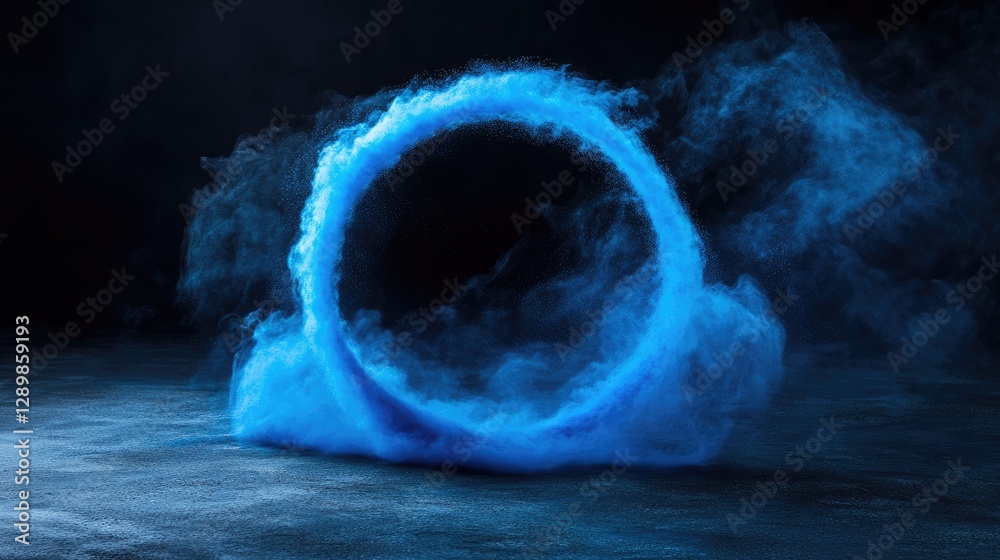 Poster A vibrant blue powder forms a circular ring on a dark backdrop, creating a striking and abstract minimalist composition with dynamic movement.
