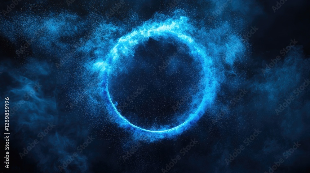 Poster A vibrant blue powder forms a circular ring on a dark backdrop, creating a striking and abstract minimalist composition with dynamic movement.