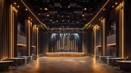 Luxurious, modern event space with a sophisticated, dark-toned interior design, complete with a circular bar and seating areas, perfect for parties, concerts, or presentations.
