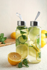 Lemon water with mint in bottles and fresh fruits on beige table