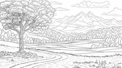 Fototapeta premium Black And White Landscape Drawing Of A Tree And Hilly Field