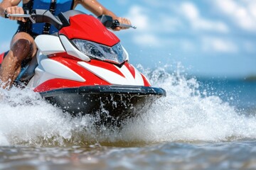 Fototapeta premium Red and white personal watercraft creates splashing waves, A person rides a water scooter on a lake.