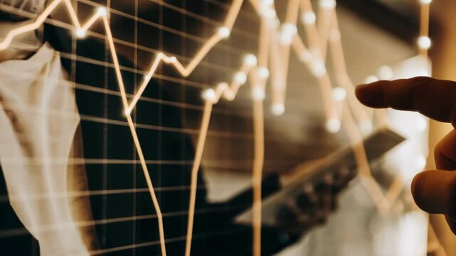 Closeup of a hologram displaying interconnected financial data points with animated lines suggesting trends and correlations as a focused analyst traces the patterns with a finger.