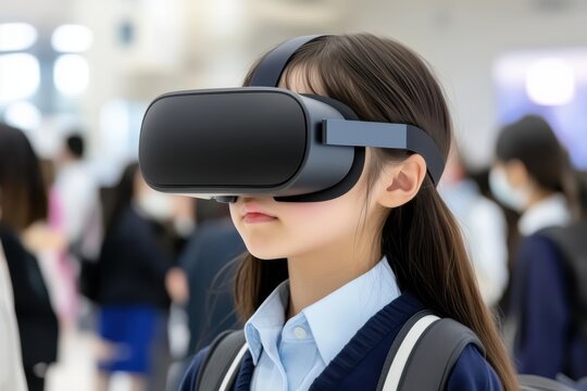 A young girl wearing a VR headset, experiencing virtual reality in a public space, focused and immersed.