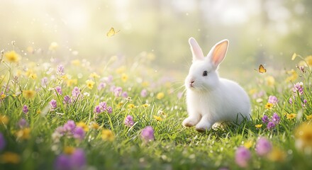 Adorable White Bunny in a Spring Meadow