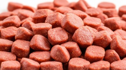 A pile of small, reddish-brown, cube-shaped pet food pieces.