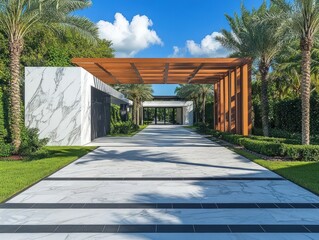 Obraz premium Modern Architectural Entrance With Pathway Lush Tropical Landscaping And Blue Sky