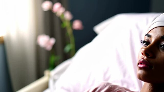 Person sleeping peacefully in hospital bed with pink flowers on windowsill. Medical recovery scene in morning sunlight. Healthcare and wellness concept