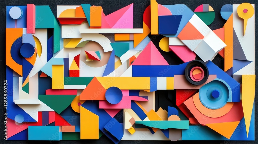 Aufkleber a visually dynamic layout of colorful paper cutouts in various geometric shapes, ideal for creative 
