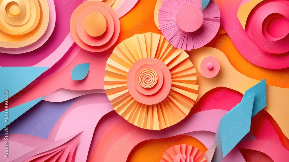 Poster a visually dynamic layout of colorful paper cutouts in various geometric shapes, ideal for creative 