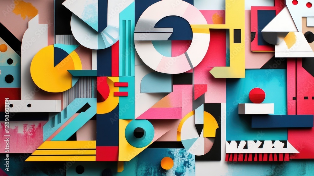 Poster a visually dynamic layout of colorful paper cutouts in various geometric shapes, ideal for creative 