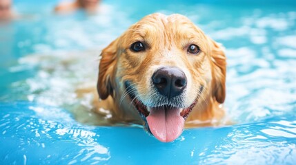 Golden Retriever swimming in a bright blue pool, tongue out, happy expression, enjoying summer fun.