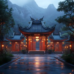 Fototapeta premium Traditional Chinese Gate illuminated at night with mountain backdrop