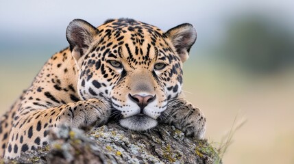 Obraz premium Jaguar resting on log in a natural habitat. Possible use Wildlife, nature, conservation photography