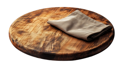 Top view of an empty round wooden pizza board with a folded napkin, rustic kitchen element, isolated on transparent background 