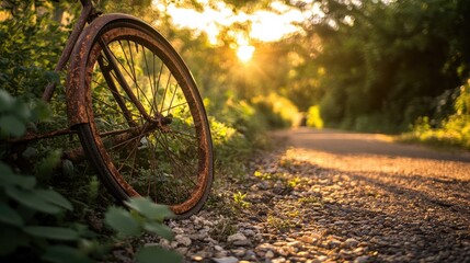 A weathered bicycle wheel, rusty and abandoned on a gravel path, surrounded by greenery and bathed in the warm, golden light of the late afternoon.
