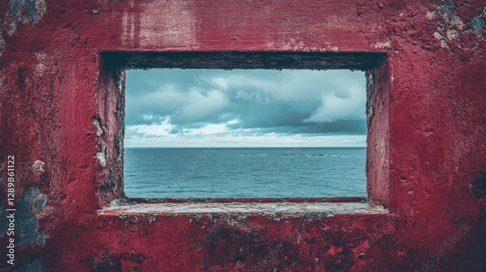 Poster a weathered red stone window frame showcasing a glimpse of the expansive ocean, with the sky above p