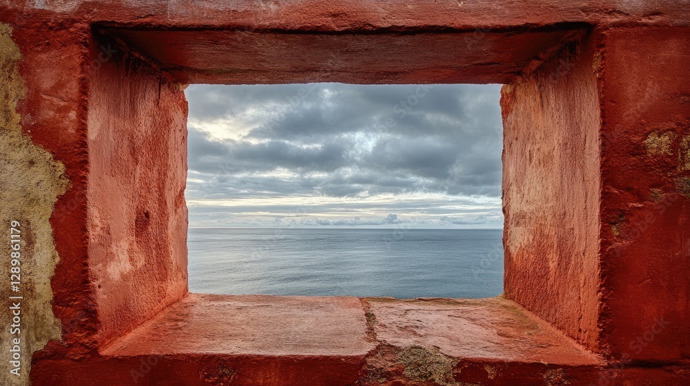 Poster A weathered red stone window frame showcasing a glimpse of the expansive ocean, with the sky above painted in soft, muted tones of a cloudy day.