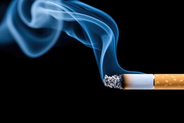 A close-up of a burning cigarette with wisps of smoke rising against a dark background.