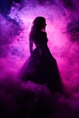 Fototapeta premium Ethereal Silhouette of Woman in Flowing Dress Surrounded by Mist