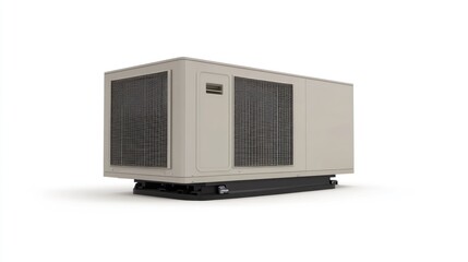 Beige outdoor air conditioning unit, isolated on white background.