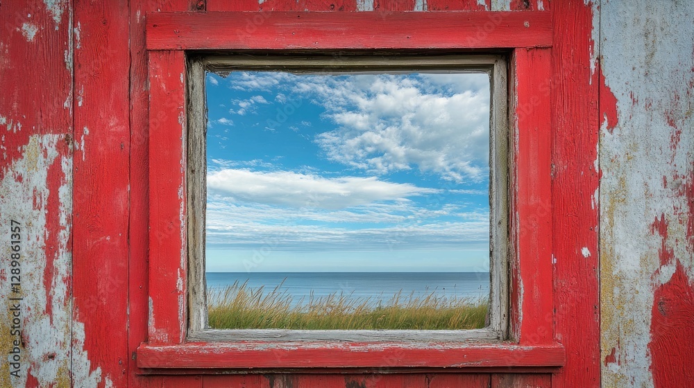 Aufkleber A weathered red window frame with an ocean view, the soft clouds above adding to the tranquil, serene mood, offering a quiet moment of reflection.