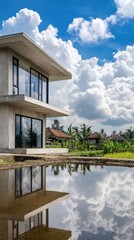 Fototapeta premium Modern Concrete House With Reflective Windows In Front Of Cloudy Sky and Greenery
